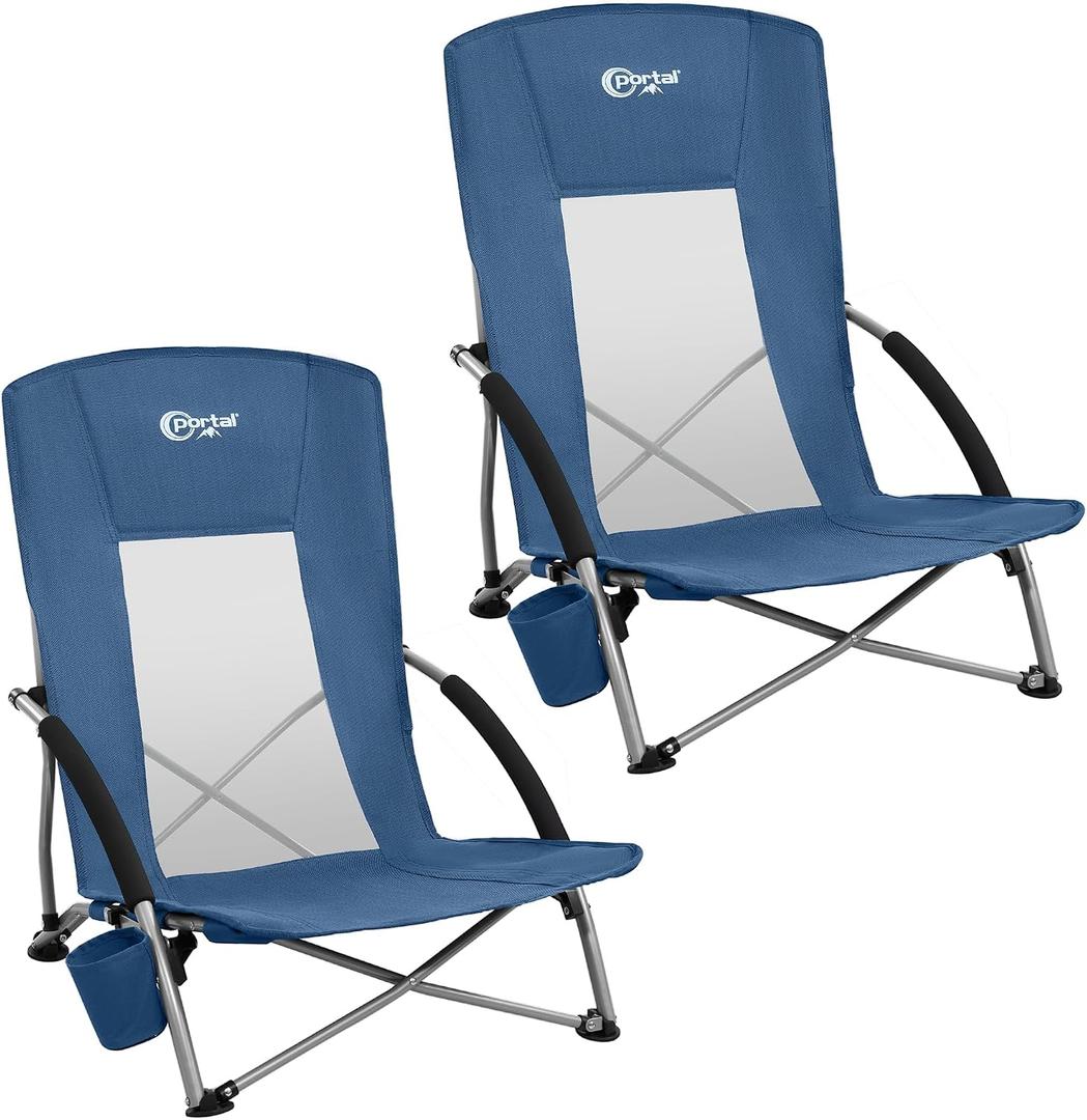 Portal Beach Chairs for Adults Camping Low Lightweight Portable Chair with Cup Holder Mesh Back Carry Bag for Outdoor Sand Lawn Travel Picnic Festival Concert