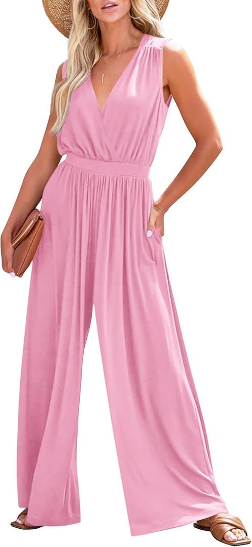 KIRUNDO Wide Leg Jumpsuits for Women Casual Long Deep V Neck Romper Elastic Waist Sleeveless Cute Pink Romper Cruise Travel Outfits for Women on Plane(Small, Pink) (Pink, S)