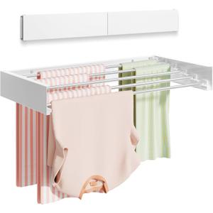 Wall Mounted Clothes Drying Rack 32", Foldable Wall Mount Laundry Rack Folding Indoor, Drying Rack Clothing Collapsible, Hidden Space Saver with Wall Template, 5 Rods, White