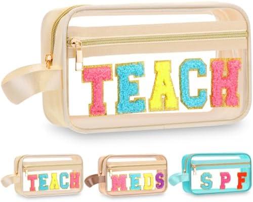 Pinkunn Chenille Letter Bag Clear Makeup Pouch Cute Preppy Patch Cosmetic Bag with Zipper Nylon Waterproof Portable Travel Purse Toiletry Organizer for Teacher Appreciation Gift(Cream White,Teach)