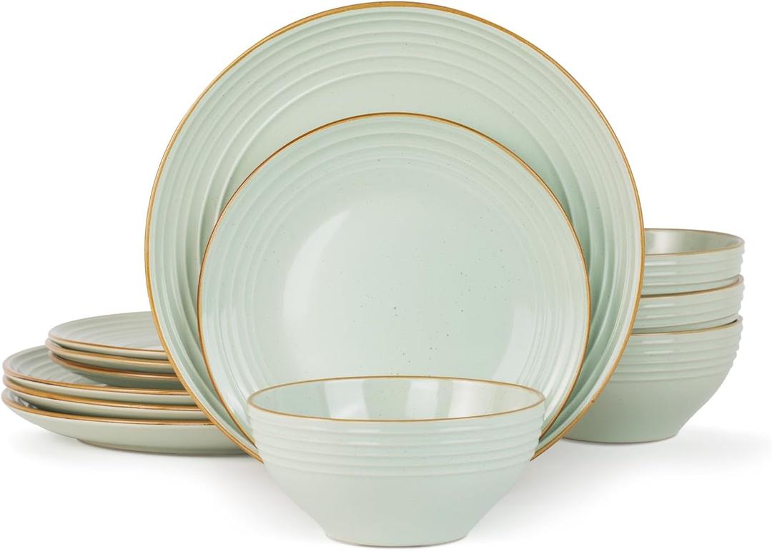 Famiware Jupiter Dinnerware Set, Plates and Bowls Dish Sets for 4 (12 Pieces), Microwave and Dishwasher Safe Stoneware Tableware, Chip and Scratch Resistant, Light Green
