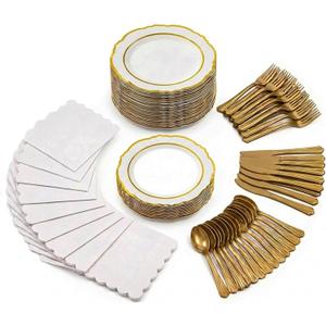 168PCS Gold Party Decorations for 24 Guests - White Paper Plates and Napkins with Gold Rim, Heavy Duty Disposable Dinnerware Set with Plastic Utensils, Forks, Knives, Spoons for Birthday