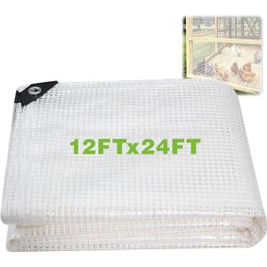 THOOUM 12Ftx24Ft Clear Greenhouse Plastic Covering, 16Mil Thickness Heavy Duty Clear tarp for Chicken coop, Greenhouse Plastic sheeting with Hemmed Edges & preinstalled Grommets.