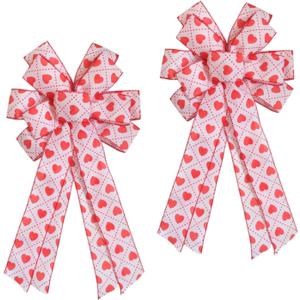 2 Pcs Valentine's Day Bows, 20x11 Inch Red White Heart Bows for Wedding Anniversary Home Wall Staircase Chair Back Decor, Valentine's Day Gift Wreath DIY Decoration