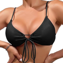 Meioro Bikini Top for Women Tie Front Triangle Bathing Suits, Solid V Neck, L