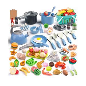 130Pcs Kitchen Playset, Toddler Pretend Cooking Play Pots, Pans, Utensils Cookware, Daily Food Fruit Veges, Shopping Storage Basket, Dessert, Prop Money, Learning Gift for Child (Blue)