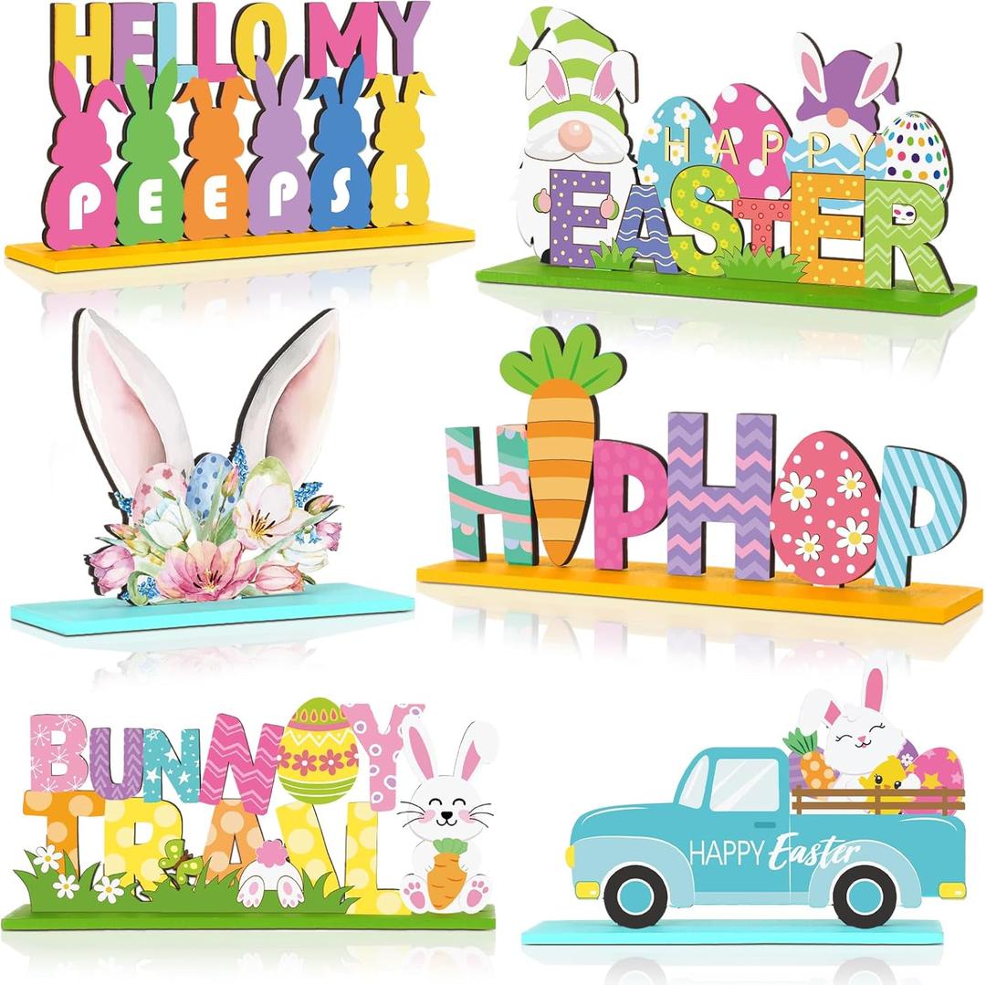 6 Pcs Easter Tabletop Decorations Easter Table Decor Tiered Tray Decorations Set Happy Bunny Egg Truck Wooden Signs Gnome Rustic Table Centerpiece for Home Spring Party
