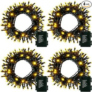 4 Pack- Battery Operated Outdoor Tree String Lights with 50 Warm White LEDs on 16.5ft/5m of Dark Green Cable,Outdoor Battery Xmas Wreath Lights with Timer for Christmas Yard Holiday Decoration