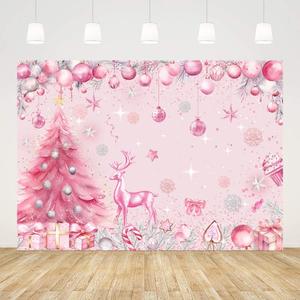 7x5ft Pink Merry Christmas Backdrop for Photography Pink Happy Birthday Happy New Years Background Supplies Christmas Trees Coloured Ribbon Deer Decorations Banner Photo Props