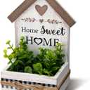 Geelin Artificial Eucalyptus Table Centerpiece Home Sweet Home House Shaped Wooden Block Sign Farmhouse Rustic Decor for Desk Table Shelf Kitchen, New House Decoration, Housewarming Gift