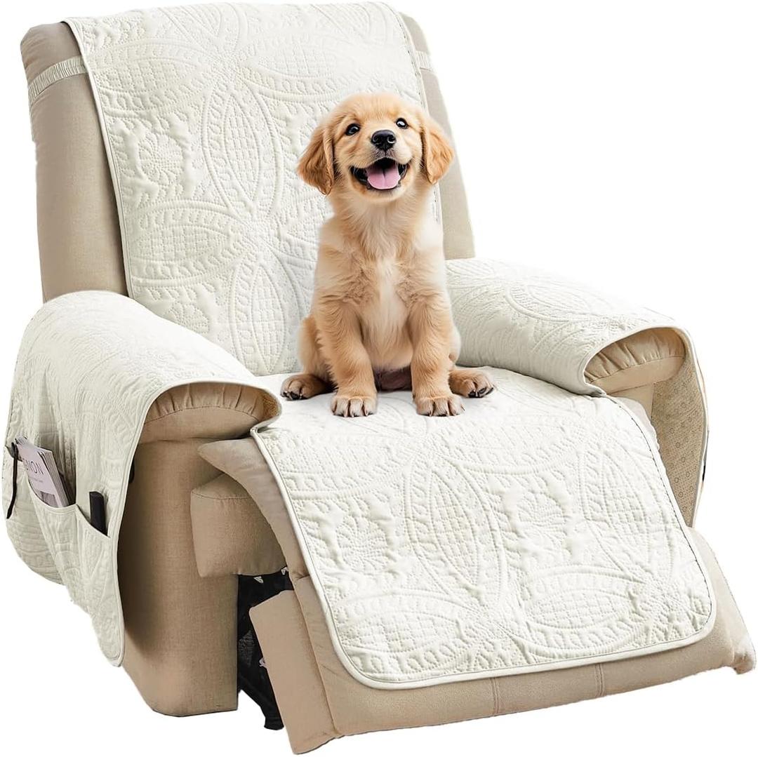 Quilted Recliner Chair Covers, Water-Repellent Slipcovers, Off White Recliner Covers Stay in Place, Pet Friendly ReclinerCover for Dogs, Washable Chair Covers (Recliner 22", Ivory White)