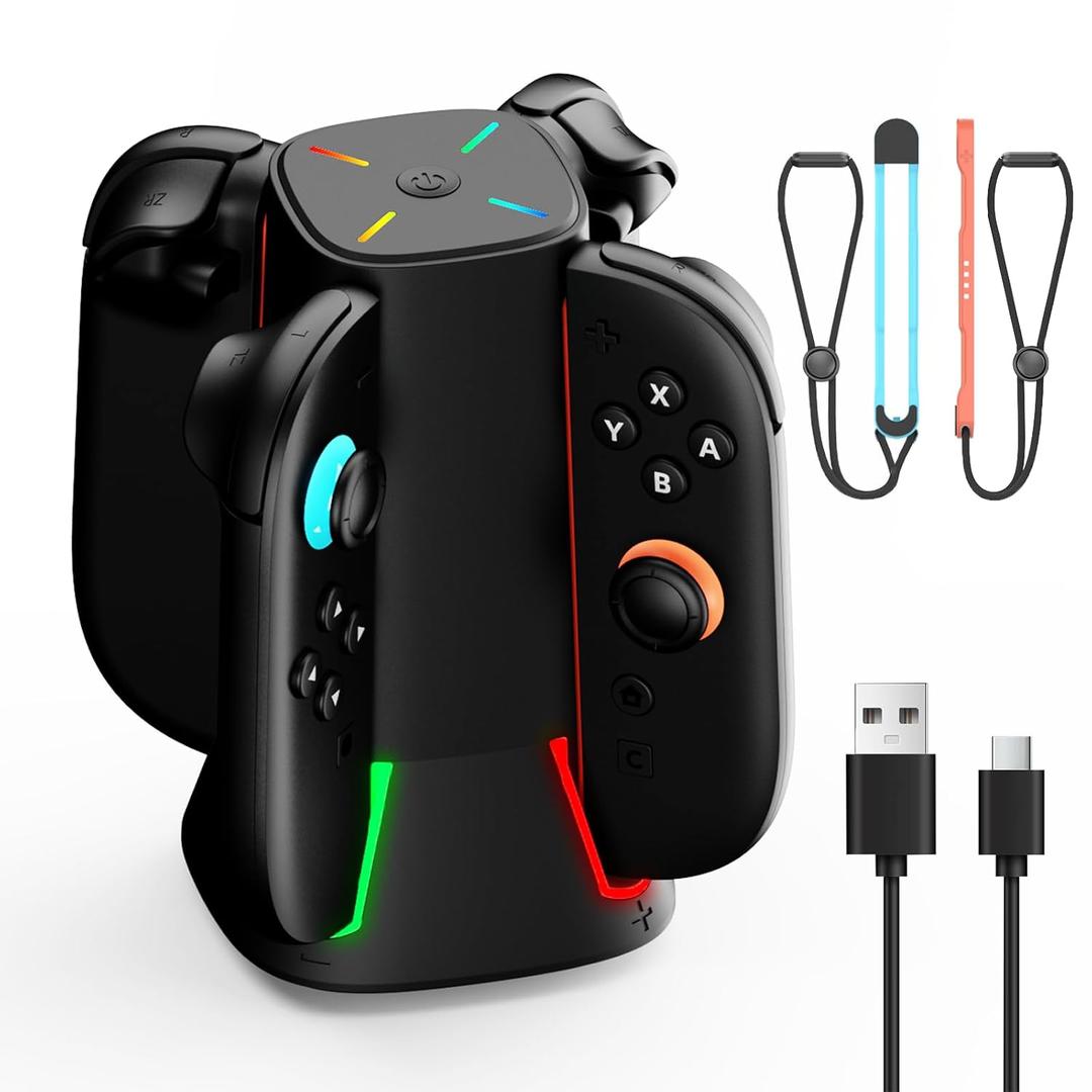 Switch 2 Charging Dock,Switch Joycon 2 Dual-Direction Controller Charger,Fast Magnetic LED Indicator Controller Charger Station [with Charging Cable and Wrist Straps] (Flat type)