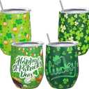 Zopeal 4 Pieces Happy St. Patricks Day Wine Tumblers 12 oz Stainless Steel Shamrock Coffee Mugs Irish Gifts for Women Men St. Patricks Day Cups Wine Tumblers with Straws Lids and Brushes (Shamrock)