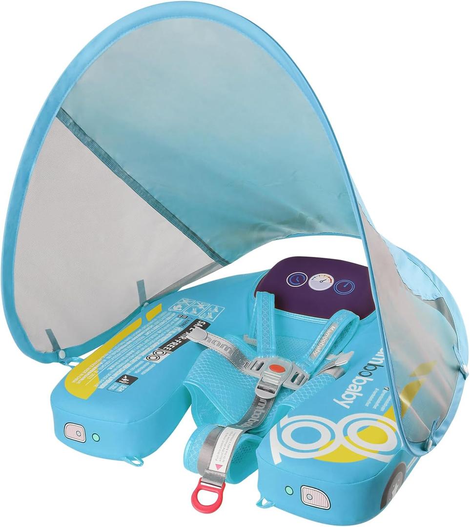 Mambobaby Baby Pool Float with Canopy & Tile, Kalolary Non-Inflatable Baby Swim Float Infant Swim Trainer Ring Toddler Pool Float with Adjustable Strap for 3-24 Months Age Boys Girls (Blue Car)