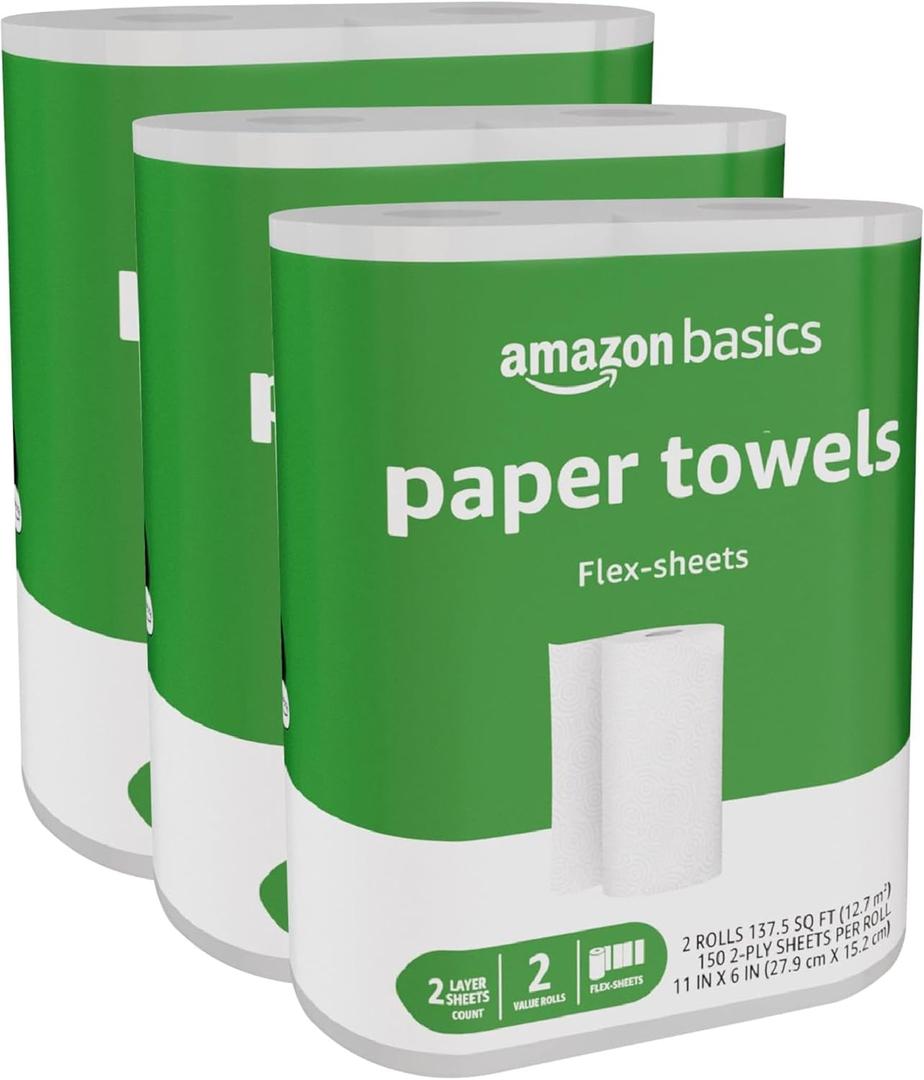 Amazon Basics 2-Ply Flex-Sheets Paper Towels, 6 Basics Rolls = 16 Regular Rolls, Everyday Value with 150 Sheets per Roll