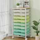 Rolling Storage Cart with 8 Drawers & Wooden Tabletop, Utility Cart with Wheels for Craft Storage, Home, School, Bedroom, Living Room, Dorm, Office, Classroom, Art Supply Storage Organizer Cart, Green