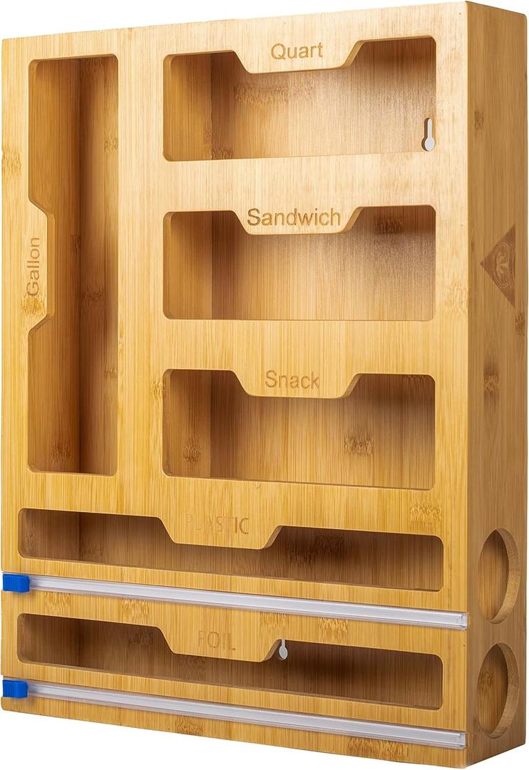 Shaw Limited Ziplock Bag Organizer - Bamboo, 6 in 1 Wrap Dispenser with Cutter, Perfect for Gallon, Quart, Sandwich & Snack Bag, Cling Film, Aluminum Foil etc; Compatible with 12" Kitchen Rolls