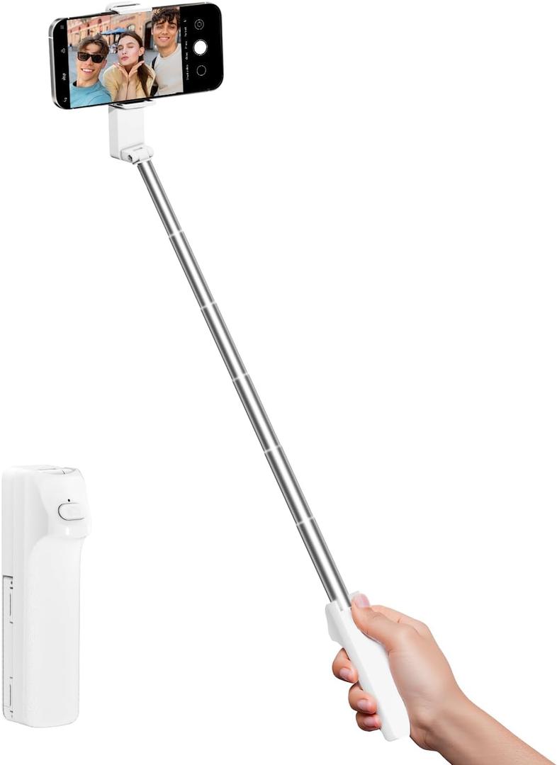 Selfie Stick for iPhone, Extended Portable Selfie Stick, Wireless Remote, Adujustable, Compact Phone Holder for Photograph, Video Recording, Streaming (White)