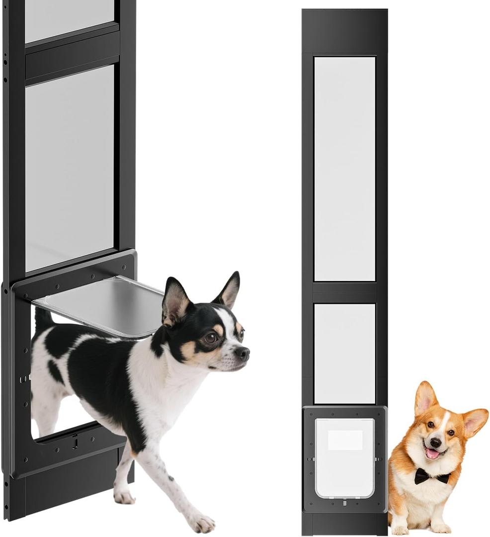Dog Door for Sliding Glass Door, Magnetic Plastic Flap Sliding Door Pet Insert with Lock, Adjustable Height 74.2-80.7, No-Cut Installation for Patio Dog Access(Black L)