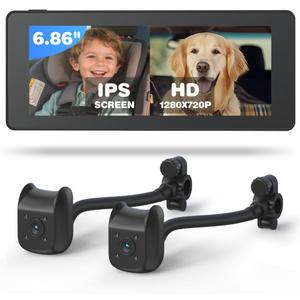 Baby Car Camera for 2 Kids | 6.86" 1080P IPS Dual-Camera Split Screen Monitor - 360 Rotation IR Night Vision - USB Powered for Rear Facing