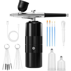 Airbrush Kit with Compressor Portable Airbrush Kit 48PSI High-Pressure Non-Clogging Air Brush Set Cordless Rechargeable with 0.3mm Nozzle and Cleaning Brush for Painting,Nail Art, Makeup (black)