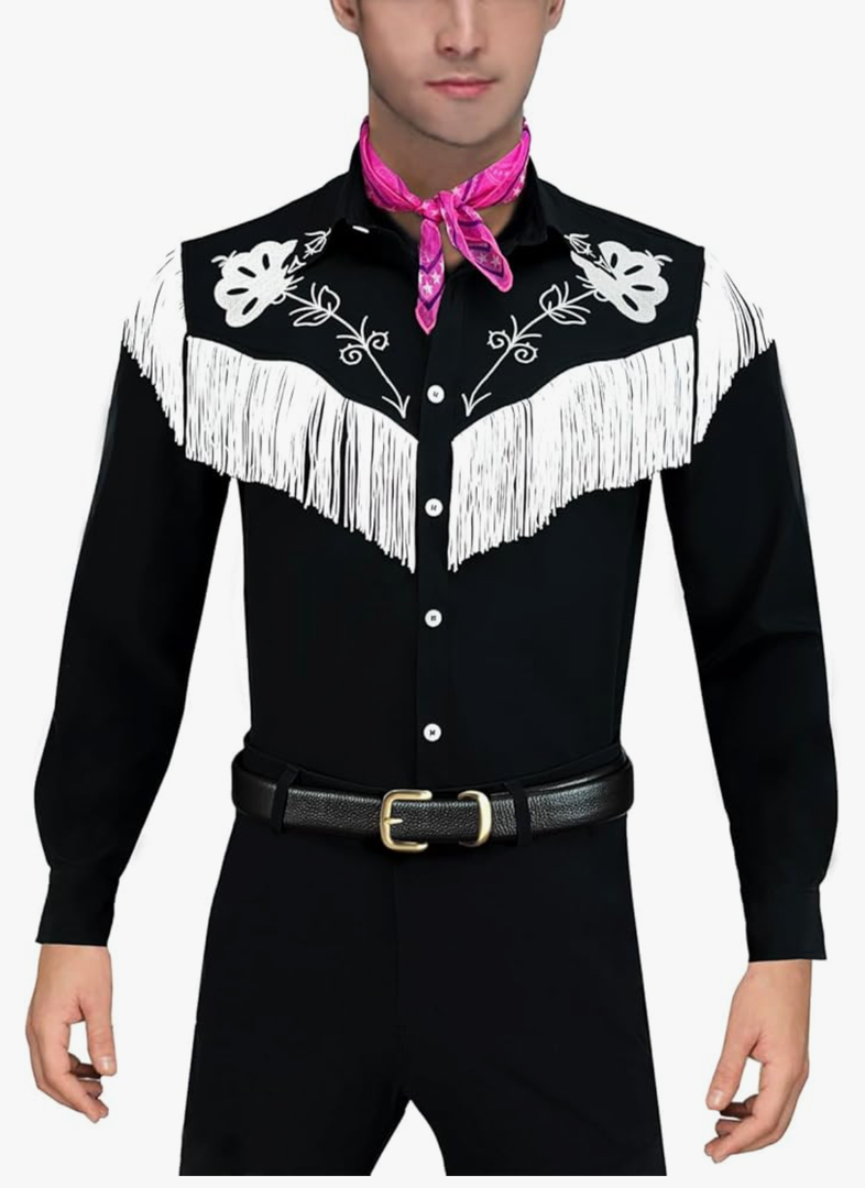 Naywig Cowboy Costume With Scarf Western Long Sleeve Fringe Shirt Halloween Cosplay For Mens Boys, Size:L