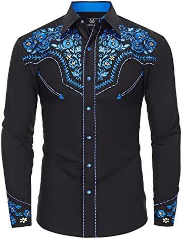 SALVAJE OESTE Western Embroidered Cowboy Shirts for Men, Casual Button Down Long Sleeve Shirt Floral Design Retro Shirt L