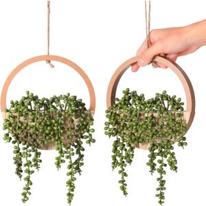 JUSTOYOU 2pcs Fake Hanging Plants Artificial Succulents Wooden Hanging Planter Artificial String of Pearls with Pot and Lanyard for Living Room Bathroom Indoor Outdoor Boho Wall Decor