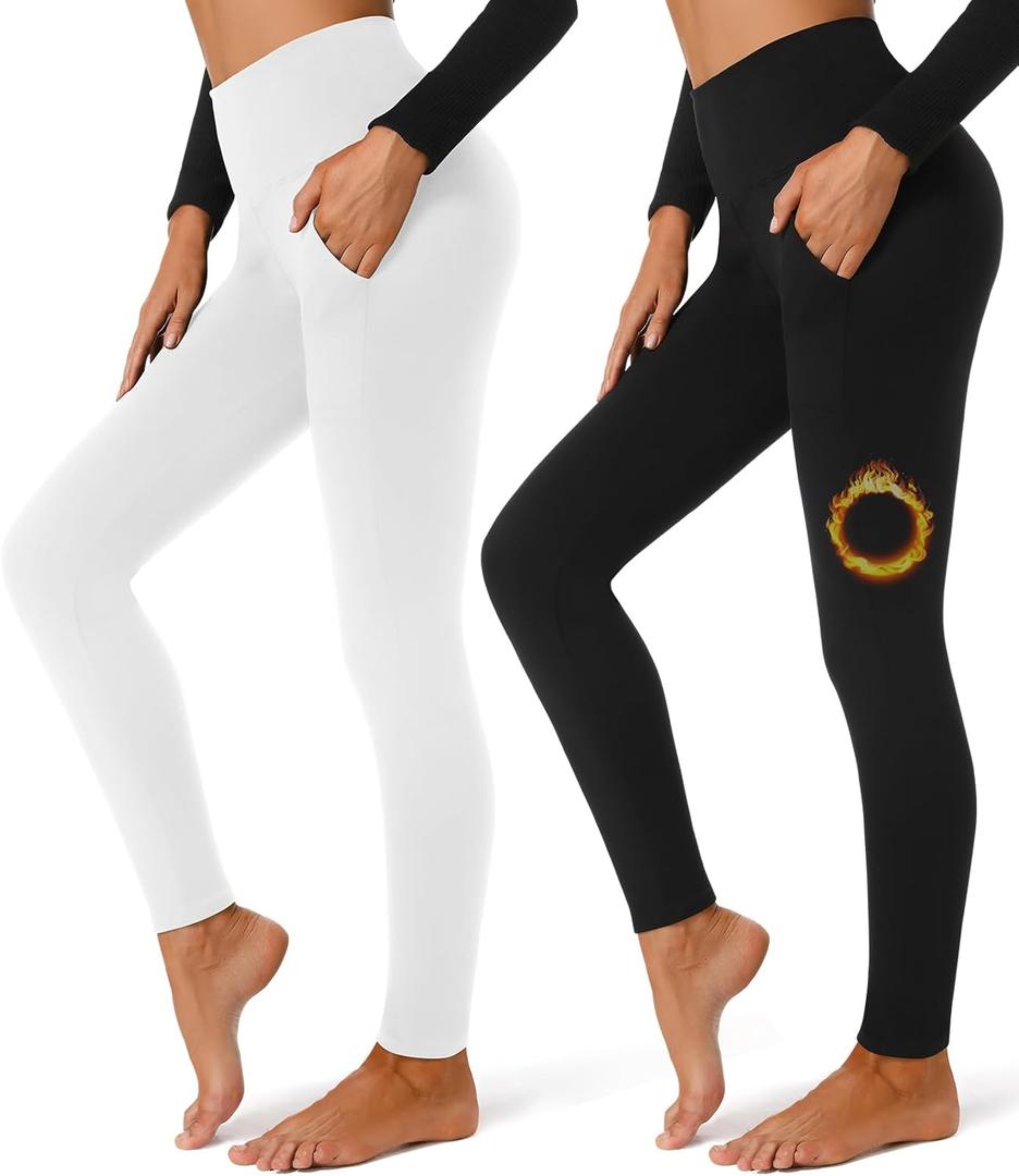 FULLSOFT 2 Pack Fleece Lined Leggings with Pockets for Women High Waisted Thermal Winter Yoga Pants for Workout Running (Large-X-Large)