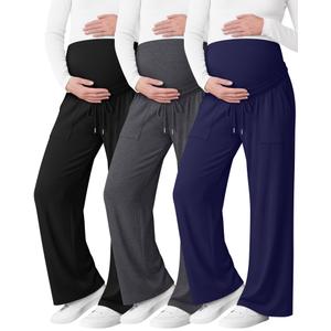 3 Pack Women Maternity Pants Wide Leg Over The Belly Lounge Loose Casual Pregnancy Pajama Trousers with Pockets, S