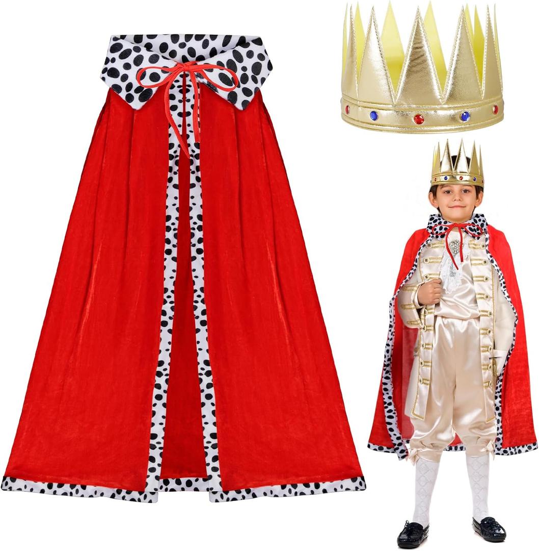 King Costume for Kids - Robe and Crown for Boys Royal Prince Outfit Dress Up Cosplay (Red)