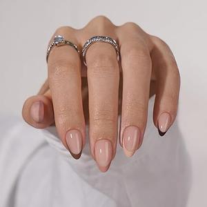 BTArtbox French Tip Press On Nails, Short Almond Supremely Fit & Natural Glue On Nails with Nail Glue, Reusable Stick On Nails in 16 Sizes - 32 Soft Gel Fake Nails Kit, Morning Coffee