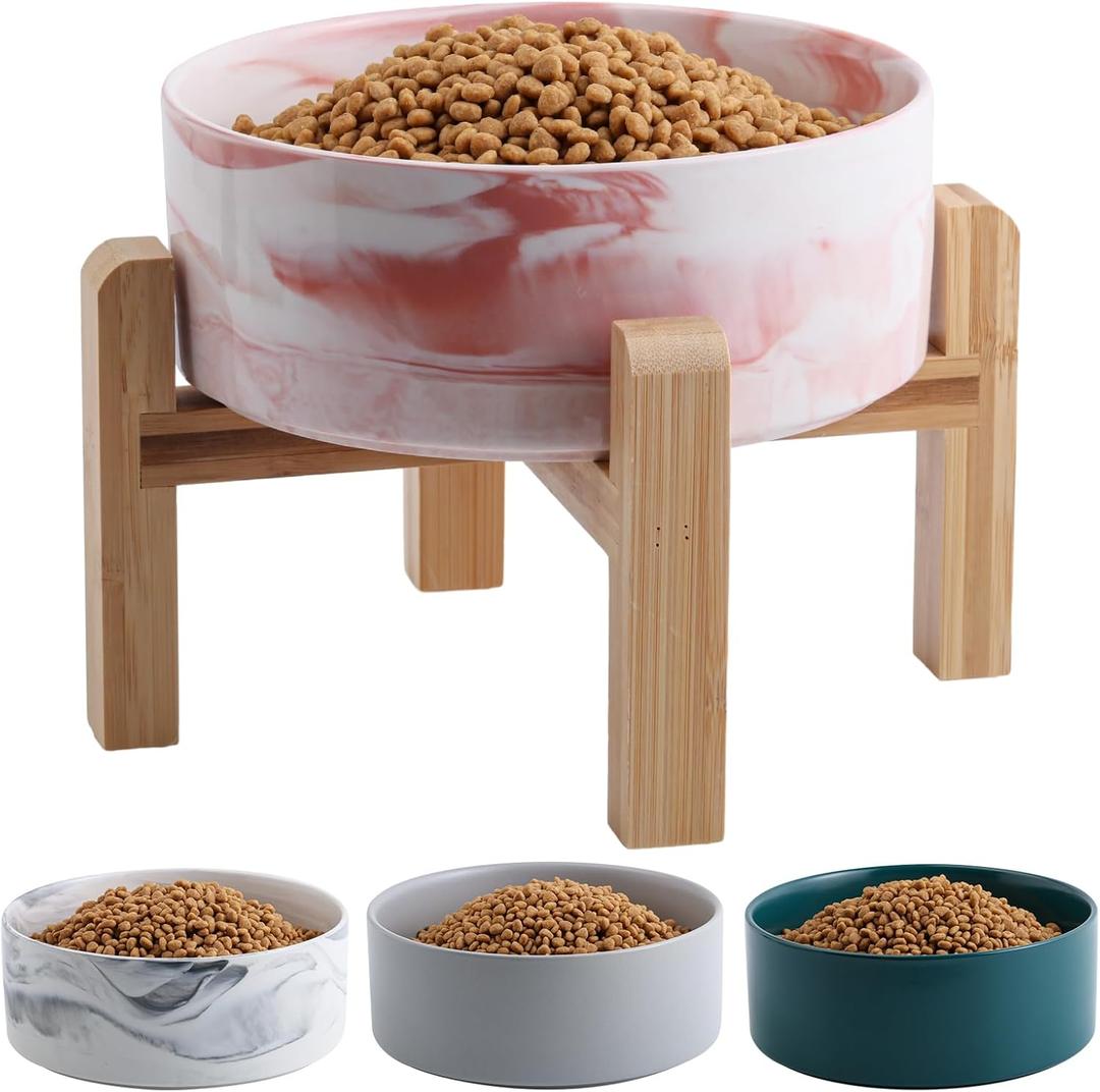 Elevated Dog Bowl Ceramic for Small Medium Sized Breed,Raised Dog Food Water Bowl with Stand,6 in 3.6 Cups Non Slip Pet Dish Heavy Weighted Marble Pink