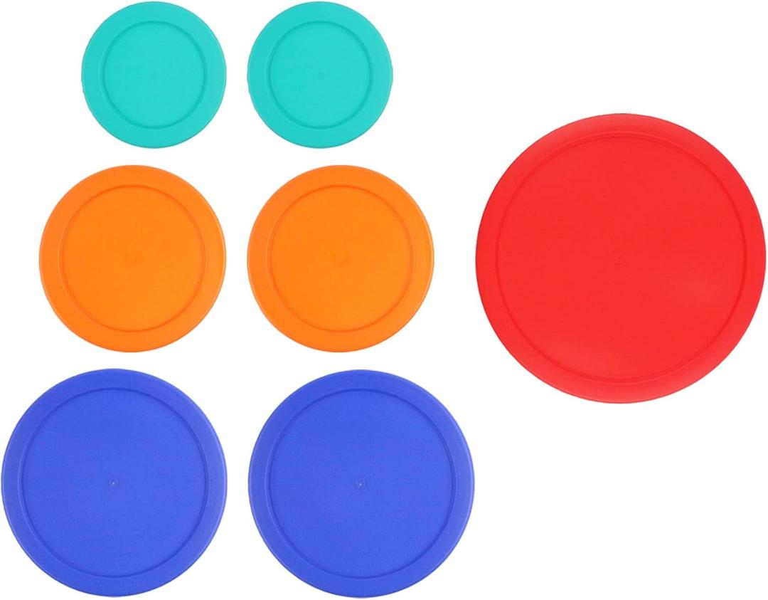 Replacement Lids for Pyrex Glass Food Storage Containers Round Plastic (2) 7202-PC 1 Cup Green (2) 7200-PC 2 Cup Orange (2) 7201-PC 4 Cup Blue (1) 7402-PC 6/7 Cup Red (Bundle 3)