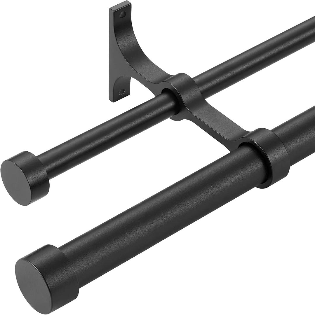 Double Curtain Rods with Aluminum End Cap and Full Surround Brackets,1"Front and 5/8" Back Rod,Adjustable between 36 to 72 Inches (3-6 Feet), Matte Black Double Window Drapery Rod