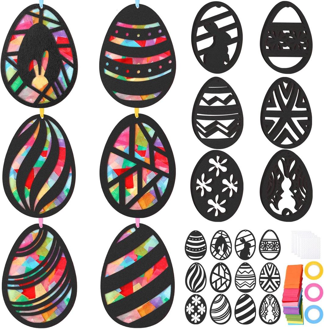Fumete 36 Pcs Easter Egg Wooden Craft Kit, Arts and Crafts Set with Pre Cut Cardstock and Tissue Paper, DIY Stained Glass Style Suncatchers for Spring Window Art and Holiday Decor