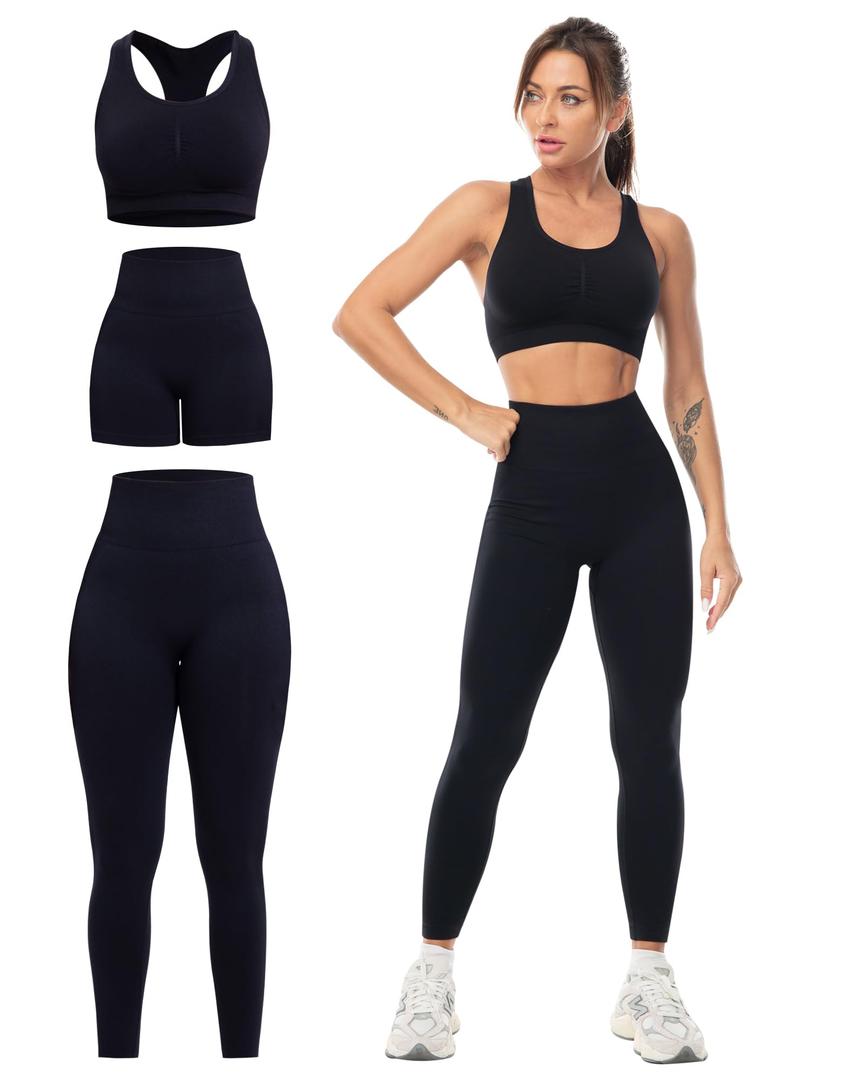 SALSPOR 3 Piece Workout Sets for Women Butt Lifting Leggings with High Impact Sports Bra Gym Shorts Activewear Matching Set(3DWX-Black-2XL)