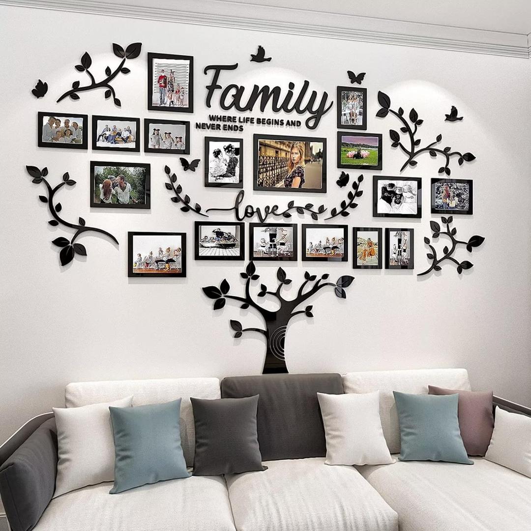 DIY Wall Decor Living Room Family Tree Wall Decor Sticker 3D Picture Frames Collage Wall Decor Living Room Decor (Black 1)