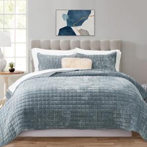 RECYCO Luxury Velvet Quilt Set King Size Bedding Sets, Ultra Soft Velvet Comforter Set, Lightweight Channel Box Stitch Oversized Bedspread Coverlet for All Season, with 2 Shams, Blue Linen, King/Cal King