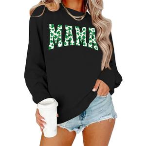 St Patricks Day Sweatshirt Women Lucky Shamrock Shirt Embroidered Striped Holiday Long Sleeve Pullover Tops (Black)