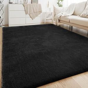 H.VERSAILTEX Super Soft Area Rugs Fluffy Carpets 6x9 Feet, Indoor Modern Plush Large Area Rugs for Living, Bedroom Kids Room Nursery, Upgrade Anti-Skid Durable Rectangular Fuzzy Shaggy Rug, Black