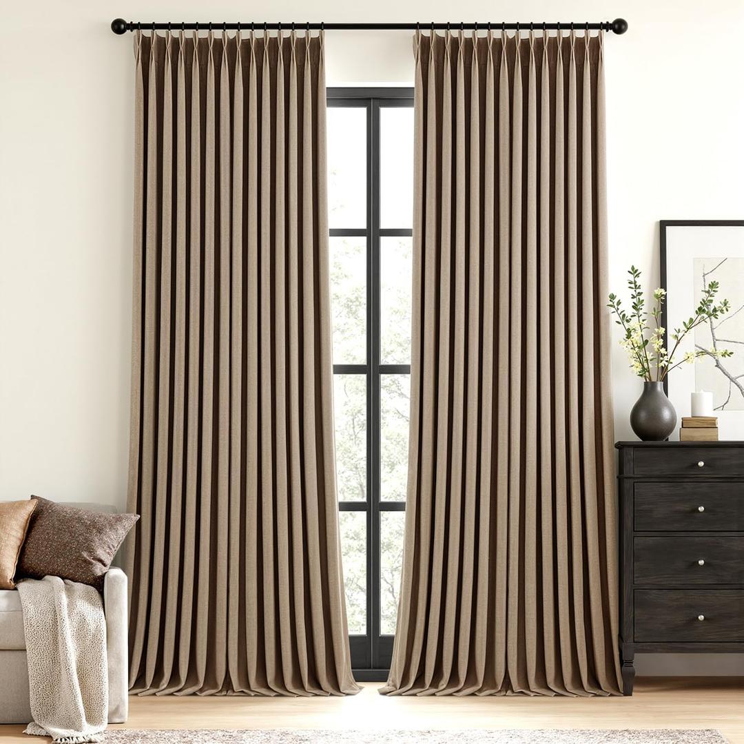MIULEE Cafe Brown Pinch Pleated 100% Blackout Linen Curtains for Bedroom, Room Darkening Memory Trained Light Blocking Window Curtains 84 inches Long for Living Room, Black Out Pleat Drapes, 2 Panels