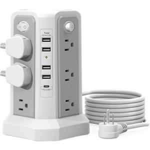 Surge Protector Power Strip Tower with PD18W USB C Port,10FT Extension Cord with 12 AC Mutiple Outlets 5 USB Charging Ports, PASSUS Power Tower Surge Protection for Home Office Dorm Room