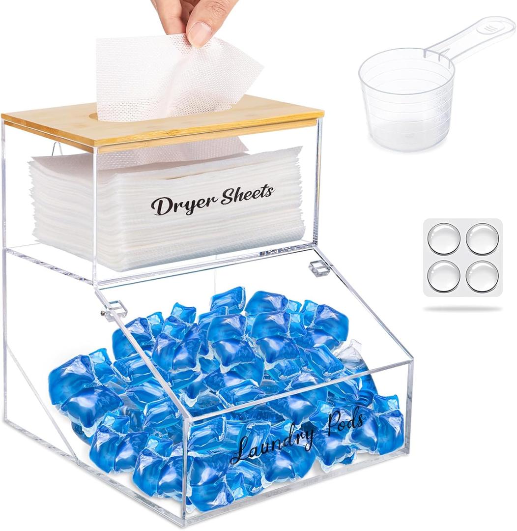 2-In-1 Laundry Pods Container & Dryer Sheet Holder with Bamboo Lid, Acrylic Dishwasher Pods Dispenser with Labels, Dryer Sheet Container, Laundry Room Organization and Storage