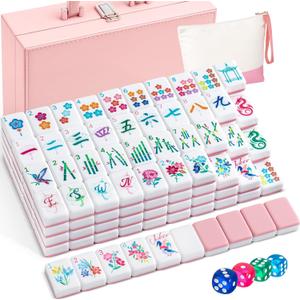Soulchen 1.4 Inch Acrylic Pink American Mahjong Set 168 Blossom Numbered Tiles, Tiles Bag and Portable Case Classic Complete Mahjong Set for Adult Collection Gift