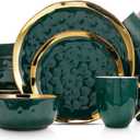 Stone Lain Florian Modern Porcelain 16 Piece Dinnerware Set, Plates and Bowls Set, Dish set for 4, Green and Golden Rim