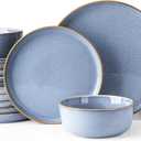 GBHOME Ceramic Dinnerware Sets for 6, 18 Pieces Stoneware Plates and Bowls Sets, Scratch Resistant Dish Sets for Dinner, Dishwasher & Microwave Safe, Brunnera Blue