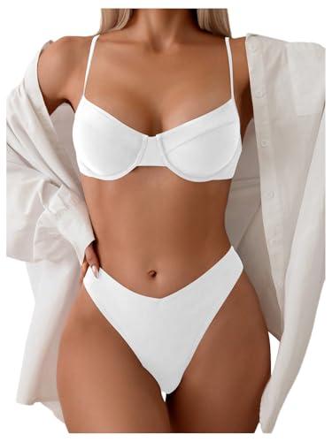 SweatyRocks Women's 2 Piece Bikini Set Spaghetti Strap High Cut Push Up Underwire Swimsuit White Small