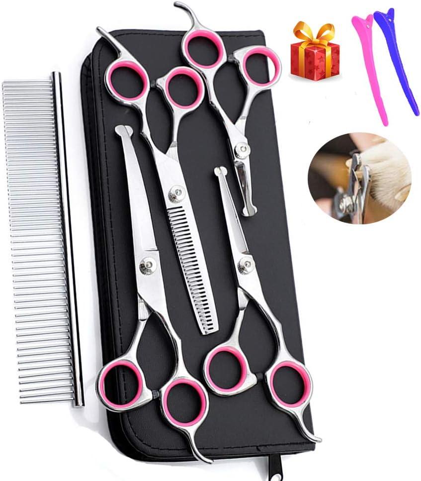 Dog Grooming Scissors kit with Safety Round End, Pet Grooming Trimmer Set with Blunt Tip-Thinning, Straight, Curved Shears tool with Comb, Nail Cliper and Nail File for Long Short Fur of Cat and Puppy