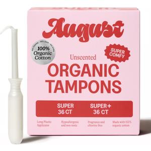 August Organic Tampons, 72-Pack Super & Super+ Non-Toxic Tampons for Women